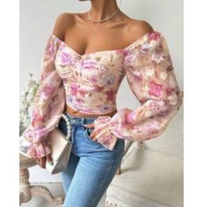 SHEIN Floral Off-Shoulder Blouse - Pink and Cream
